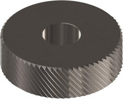 Made in USA - 1/2" Diam, 90° Tooth Angle, 25 TPI, Beveled Face, Form Type Cobalt Left-Hand Diagonal Knurl Wheel - 3/16" Face Width, 3/16" Hole, Circular Pitch, 30° Helix, Ferritic Nitrocarburizing Finish, Series EP - Exact Tool & Supply