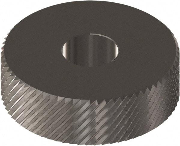 Made in USA - 5/8" Diam, 90° Tooth Angle, 30 TPI, Beveled Face, Form Type Cobalt Right-Hand Diagonal Knurl Wheel - 1/4" Face Width, 1/4" Hole, Circular Pitch, 30° Helix, Ferritic Nitrocarburizing Finish, Series GK - Exact Tool & Supply