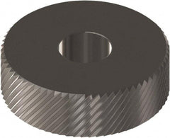 Made in USA - 1/2" Diam, 90° Tooth Angle, 16 TPI, Beveled Face, Form Type Cobalt Right-Hand Diagonal Knurl Wheel - 3/16" Face Width, 3/16" Hole, Circular Pitch, 30° Helix, Ferritic Nitrocarburizing Finish, Series EP - Exact Tool & Supply
