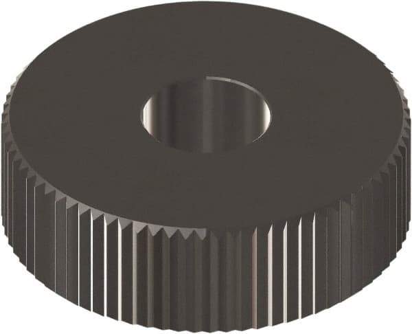 Made in USA - 5/8" Diam, 90° Tooth Angle, 30 TPI, Beveled Face, Form Type Cobalt Straight Knurl Wheel - 1/4" Face Width, 1/4" Hole, Circular Pitch, 0° Helix, Ferritic Nitrocarburizing Finish, Series GK - Exact Tool & Supply