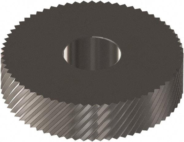 Made in USA - 1" Diam, 90° Tooth Angle, 16 TPI, Standard (Shape), Form Type Cobalt Right-Hand Diagonal Knurl Wheel - 0.236" Face Width, 5/16" Hole, Circular Pitch, 30° Helix, Ferritic Nitrocarburizing Finish, Series OS - Exact Tool & Supply