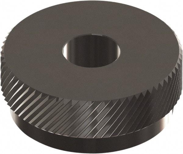 Made in USA - 1" Diam, 90° Tooth Angle, 14 TPI, Beveled Face, Form Type Cobalt Right-Hand Diagonal Knurl Wheel - 3/8" Face Width, 5/16" Hole, Circular Pitch, 30° Helix, Ferritic Nitrocarburizing Finish, Series OU - Exact Tool & Supply