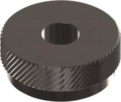 Made in USA - 1/2" Diam, 90° Tooth Angle, 20 TPI, Beveled Face, Form Type High Speed Steel Right-Hand Diagonal Knurl Wheel - 1/4" Face Width, 3/16" Hole, Circular Pitch, 30° Helix, Ferritic Nitrocarburizing Finish, Series EQ - Exact Tool & Supply