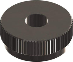Made in USA - 1/2" Diam, 90° Tooth Angle, 25 TPI, Beveled Face, Form Type High Speed Steel Straight Knurl Wheel - 1/4" Face Width, 3/16" Hole, Circular Pitch, 0° Helix, Ferritic Nitrocarburizing Finish, Series EQ - Exact Tool & Supply