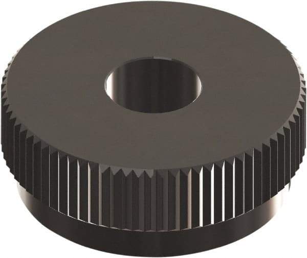 Made in USA - 1" Diam, 90° Tooth Angle, 14 TPI, Beveled Face, Form Type Cobalt Straight Knurl Wheel - 3/8" Face Width, 5/16" Hole, Circular Pitch, 0° Helix, Ferritic Nitrocarburizing Finish, Series OU - Exact Tool & Supply