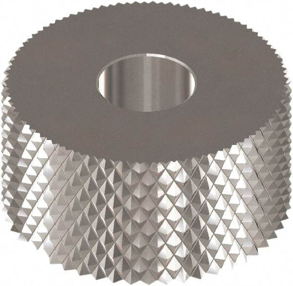 Made in USA - 1" Diam, 90° Tooth Angle, 30 TPI, Standard (Shape), Form Type High Speed Steel Male Diamond Knurl Wheel - 3/8" Face Width, 5/16" Hole, Circular Pitch, Bright Finish, Series OU - Exact Tool & Supply