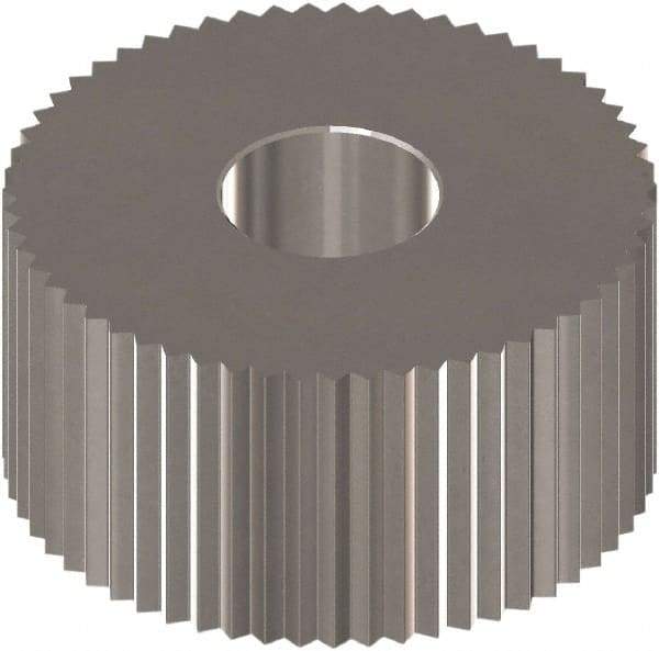 Made in USA - 1" Diam, 90° Tooth Angle, 30 TPI, Standard (Shape), Form Type High Speed Steel Straight Knurl Wheel - 3/8" Face Width, 5/16" Hole, Circular Pitch, 0° Helix, Bright Finish, Series OU - Exact Tool & Supply