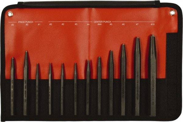 Mayhew - 12 Piece, 3/32 to 3/8", Center & Prick Punch Set - Hex Shank, Steel, Comes in Kit Bag - Exact Tool & Supply