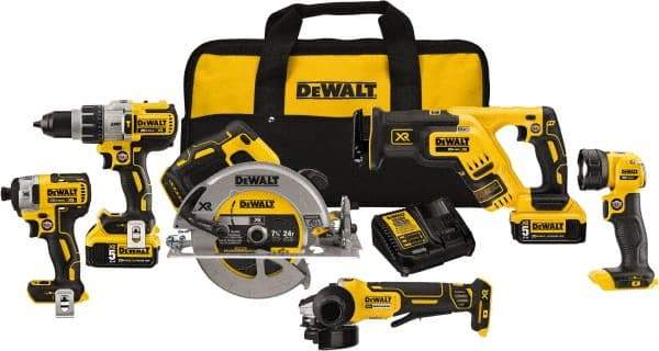 DeWALT - 20 Volt Cordless Tool Combination Kit - Includes 1/2" Brushless Hammerdrill, 1/4" Brushless Impact Driver, Brushless Reciprocating Saw, 7-1/2" Brushless Circular Saw, Cut-Off Tool/Grinder & LED Worklight, Lithium-Ion Battery Included - Exact Tool & Supply