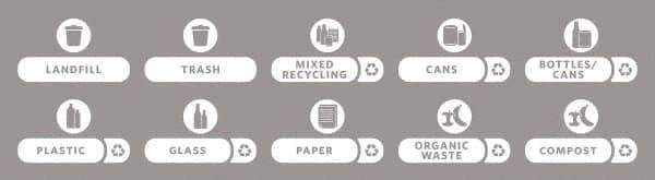 Rubbermaid - Trash Can Decal Message: Landfill, Trash, Mixed Recycling, Cans, Bottles/Cans, Plastic, Glass, Paper, Organic Waste, Compost - English, Text on Color, White, Indoor & Outdoor, Apply to Polypropylene, 8-1/2" Wide - Exact Tool & Supply