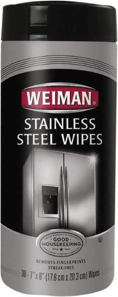 Weiman - Pre-Moistened Stainless Steel Cleaner Wipes - Canister, 8" x 7" Sheet Size, White - Exact Tool & Supply