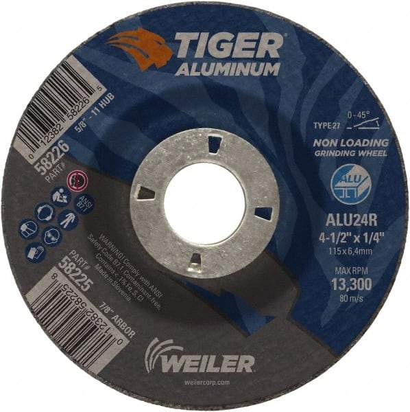 Weiler - 4-1/2" 24 Grit Aluminum Oxide/Silicon Carbide Blend Cutoff Wheel - 1/4" Thick, 7/8" Arbor, 13,300 Max RPM, Use with Angle Grinders - Exact Tool & Supply
