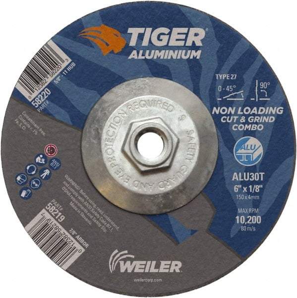 Weiler - 6" 30 Grit Aluminum Oxide/Silicon Carbide Blend Cutoff Wheel - 1/8" Thick, 5/8-11 Arbor, 10,200 Max RPM, Use with Angle Grinders - Exact Tool & Supply