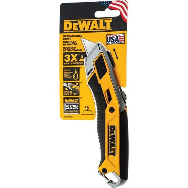 Stanley - Retractable Utility Knife - 2-1/2" Carbon Steel Blade, Yellow & Black Bi-Material -ABS/TPR Handle, 5 Blades Included - Exact Tool & Supply