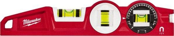 Milwaukee Tool - Magnetic 10" Long 3 Vial Torpedo Level - Die Cast, Red, 1 Level, 1 Plumb & 1 Rotating/Locking Vials - Exact Tool & Supply