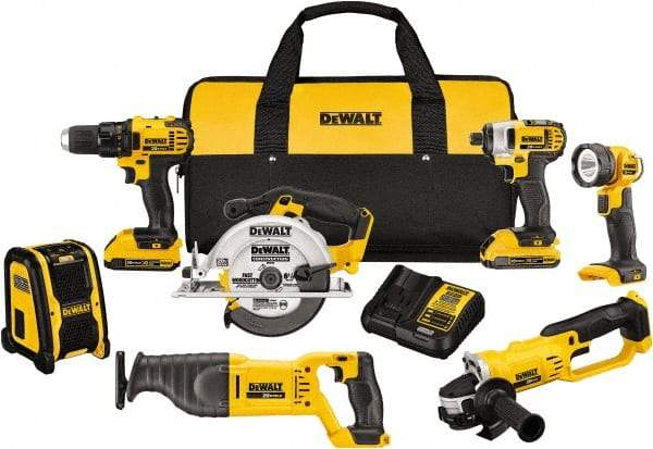 DeWALT - 20 Volt Cordless Tool Combination Kit - Includes 1/2" Compact Drill/Driver, 1/4" Impact Driver, Cut-off Tool/Grinder, Reciprocating Saw, 6-1/2 Circular Saw, LED Worklight & Bluetooth Speaker, Lithium-Ion Battery Included - Exact Tool & Supply