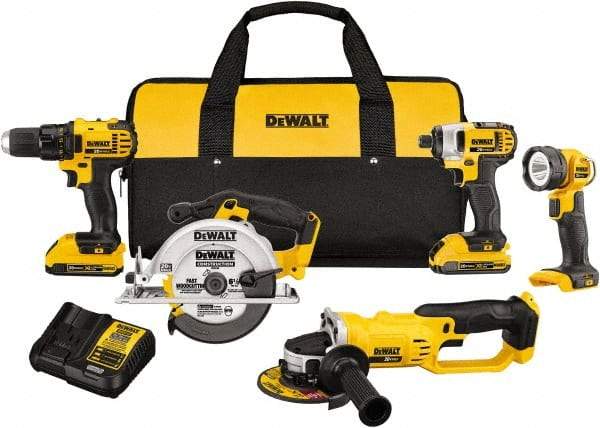 DeWALT - 20 Volt Cordless Tool Combination Kit - Includes 1/2" Compact Drill/Driver, 1/4" Impact Driver, Cut-off Tool/Grinder, 6-1/2 Circular Saw & LED Worklight, Lithium-Ion Battery Included - Exact Tool & Supply