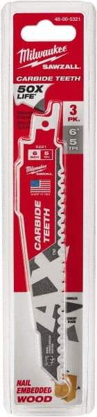 Milwaukee Tool - 6" Long x 1" Thick, Carbide Reciprocating Saw Blade - Tapered Profile, 5 TPI, Toothed Edge, Universal Shank - Exact Tool & Supply