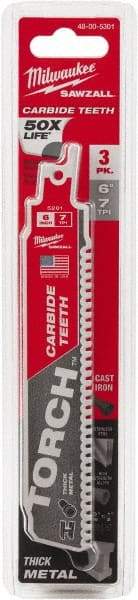 Milwaukee Tool - 6" Long x 1" Thick, Carbide Reciprocating Saw Blade - Straight Profile, 7 TPI, Toothed Edge, Universal Shank - Exact Tool & Supply