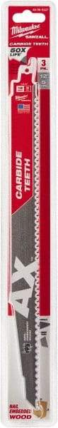 Milwaukee Tool - 12" Long x 1" Thick, Carbide Reciprocating Saw Blade - Tapered Profile, 7 TPI, Toothed Edge, Universal Shank - Exact Tool & Supply