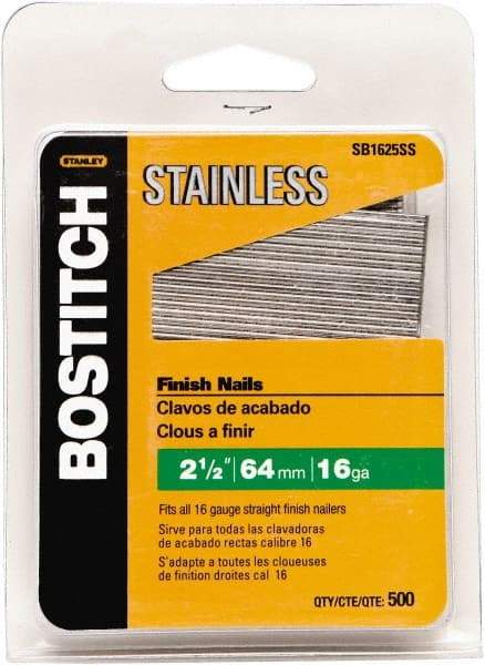 Stanley Bostitch - 16 Gauge 1/16" Shank Diam 2-1/2" Long Finishing Nails for Power Nailers - Stainless Steel, Smooth Shank, Straight Stick Adhesive Collation, Round Head, Chisel Point - Exact Tool & Supply
