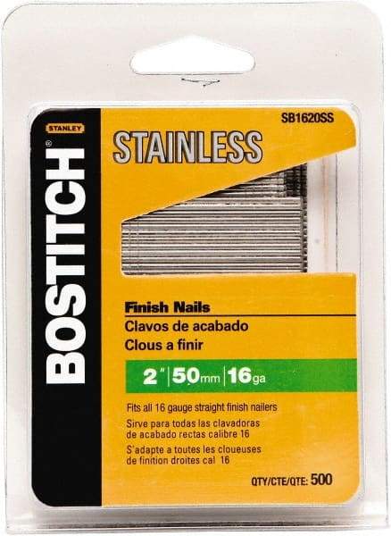 Stanley Bostitch - 16 Gauge 1/16" Shank Diam 2" Long Finishing Nails for Power Nailers - Stainless Steel, Smooth Shank, Straight Stick Adhesive Collation, Round Head, Chisel Point - Exact Tool & Supply