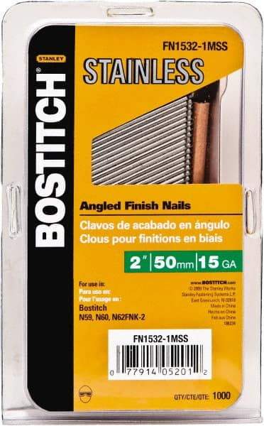 Stanley Bostitch - 15 Gauge 0.07" Shank Diam 2" Long Finishing Nails for Power Nailers - Stainless Steel, Smooth Shank, Angled Stick Adhesive Collation, Round Head, Chisel Point - Exact Tool & Supply