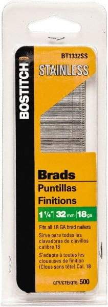 Stanley Bostitch - 18 Gauge 0.05" Shank Diam 1-1/4" Long Brad Nails for Power Nailers - Stainless Steel, Ring Shank, Straight Stick Adhesive Collation, Brad Head, Chisel Point - Exact Tool & Supply