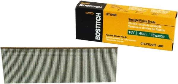 Stanley Bostitch - 18 Gauge 0.05" Shank Diam 1-3/4" Long Brad Nails for Power Nailers - Steel, Bright Finish, Ring Shank, Straight Stick Adhesive Collation, Brad Head, Chisel Point - Exact Tool & Supply