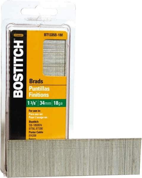 Stanley Bostitch - 18 Gauge 0.05" Shank Diam 1-3/8" Long Brad Nails for Power Nailers - Steel, Bright Finish, Ring Shank, Straight Stick Adhesive Collation, Brad Head, Chisel Point - Exact Tool & Supply