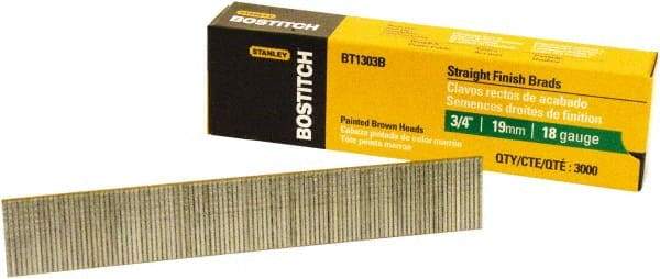 Stanley Bostitch - 18 Gauge 0.05" Shank Diam 3/4" Long Brad Nails for Power Nailers - Steel, Bright Finish, Ring Shank, Straight Stick Adhesive Collation, Brad Head, Chisel Point - Exact Tool & Supply