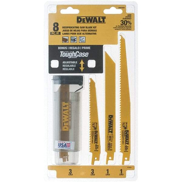 DeWALT - 8 Pieces, 6" to 9" Long x 0.04" to 0.06" Thickness, Bi-Metal Reciprocating Saw Blade Set - Straight Profile, 6 to 18 Teeth, Toothed Edge - Exact Tool & Supply