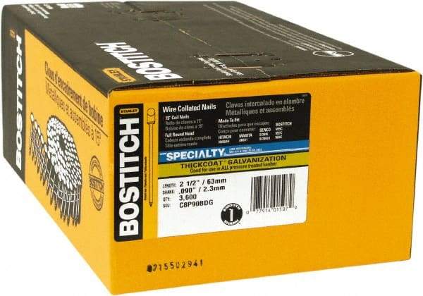 Stanley Bostitch - 13 Gauge 2-1/2" Long Siding Nails for Power Nailers - Steel, Galvanized Finish, Smooth Shank, Coil Wire Collation, Round Head, Blunt Diamond Point - Exact Tool & Supply