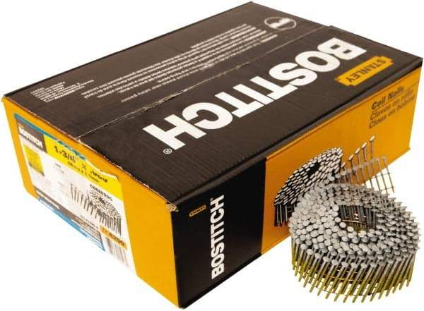 Stanley Bostitch - 14 Gauge 1-3/4" Long Siding Nails for Power Nailers - Steel, Galvanized Finish, Ring Shank, Coil Wire Collation, Round Head, Blunt Diamond Point - Exact Tool & Supply