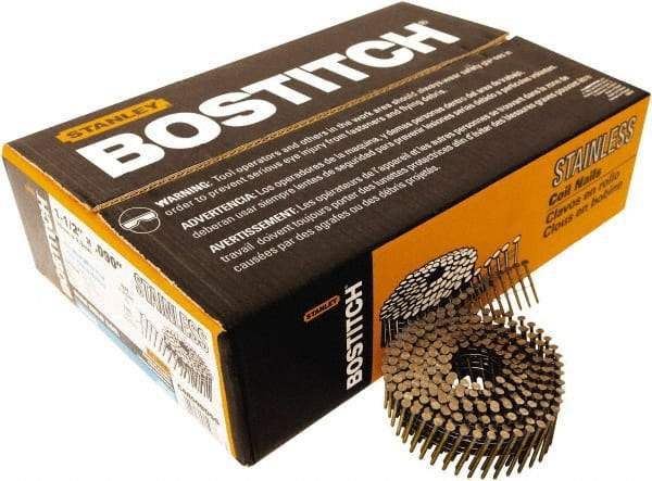 Stanley Bostitch - 13 Gauge 1-1/2" Long Siding Nails for Power Nailers - Steel, Stainless Steel Finish, Ring Shank, Coil Wire Collation, Round Head, Blunt Diamond Point - Exact Tool & Supply