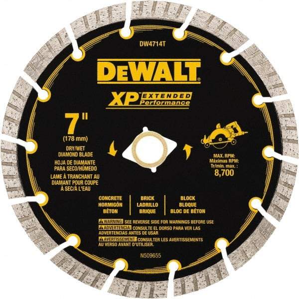 DeWALT - 7" Diam, 5/8" Arbor Hole Diam, 14 Tooth Wet & Dry Cut Saw Blade - Diamond Matrix, Fast Cutting Action, Standard Round Arbor - Exact Tool & Supply