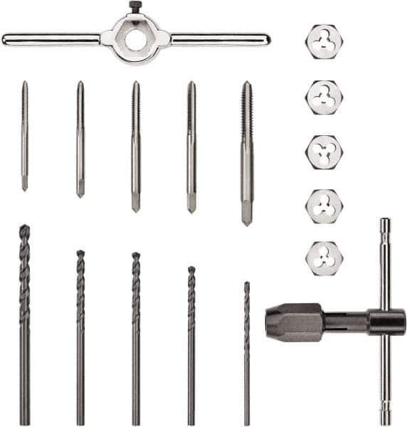 DeWALT - #6-32 to 1/4-20 Tap, #6-32 to 1/4-20 Die, UNC, Tap and Die Set - Carbon Steel, Carbon Steel Taps, Taper Taps, Nonadjustable, 17 Piece Set - Exact Tool & Supply