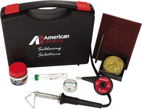 American Beauty - Soldering Iron Kit - Includes Desoldering Braid, Cleaning Pad, Brass Sponge Tip Cleaner, Flux Pen, Solder, Tip Tinner, Heat Sink, Soldering Stand, Carrying Case - Exact Tool & Supply