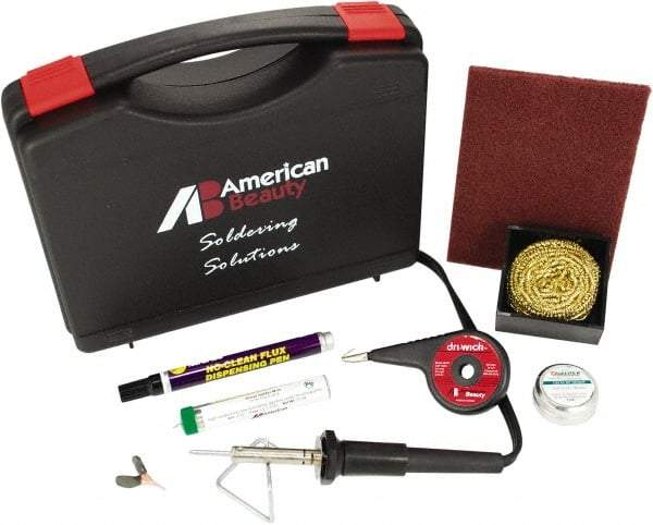 American Beauty - Soldering Iron Kit - Includes Desoldering Braid, Cleaning Pad, Brass Sponge Tip Cleaner, Flux Pen, Solder, Tip Tinner, Heat Sink, Soldering Stand, Carrying Case - Exact Tool & Supply