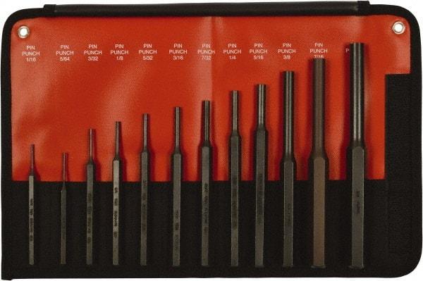 Mayhew - 12 Piece, 1/16 to 1/2", Pin Punch Set - Hex Shank, Steel, Comes in Kit Bag - Exact Tool & Supply