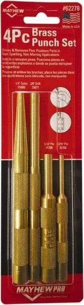 Mayhew - 4 Piece, 3/16 to 3/8", Assorted Brass Punch Kit - Round Shank, Brass, Comes in Carded - Exact Tool & Supply
