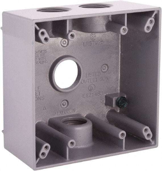 Hubbell-Raco - 2 Gang, (4) 3/4" Knockouts, Aluminum Square Device Box - 4-1/2" Overall Height x 2-1/4" Overall Depth, Weather Resistant - Exact Tool & Supply