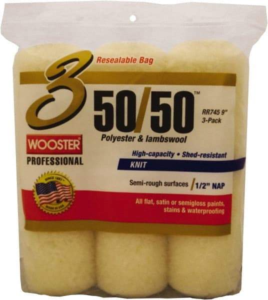 Wooster Brush - 1/2" Nap, 9" Wide Paint Roller Cover - Semi-Rough Texture, 50/50 Polyester & Wool Blend - Exact Tool & Supply