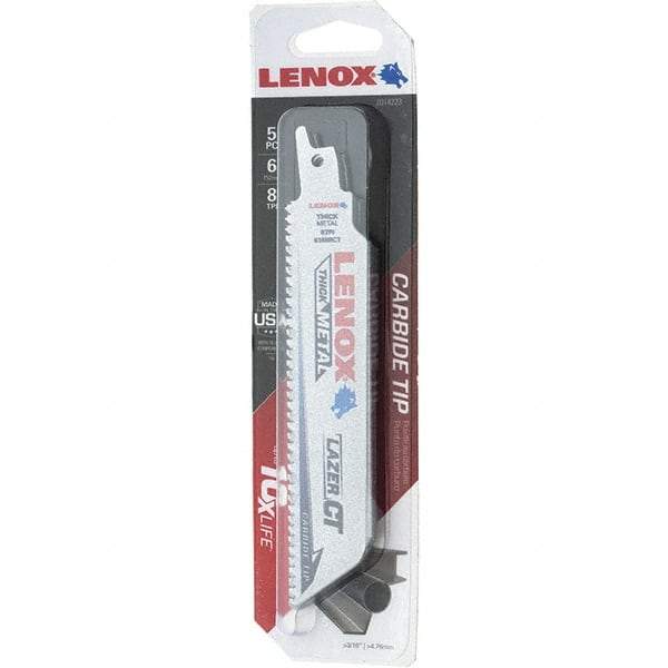 Lenox - 6" Long x 1" Thick, Bi-Metal Reciprocating Saw Blade - Tapered Profile, 8 TPI, Toothed Edge, Tang Shank - Exact Tool & Supply