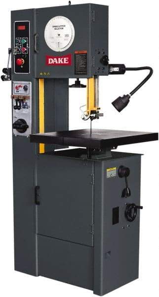 Dake - 15-1/2" Throat Capacity, Variable Speed Pulley Vertical Bandsaw - 25 to 1,200 SFPM, 2 hp, Three Phase - Exact Tool & Supply