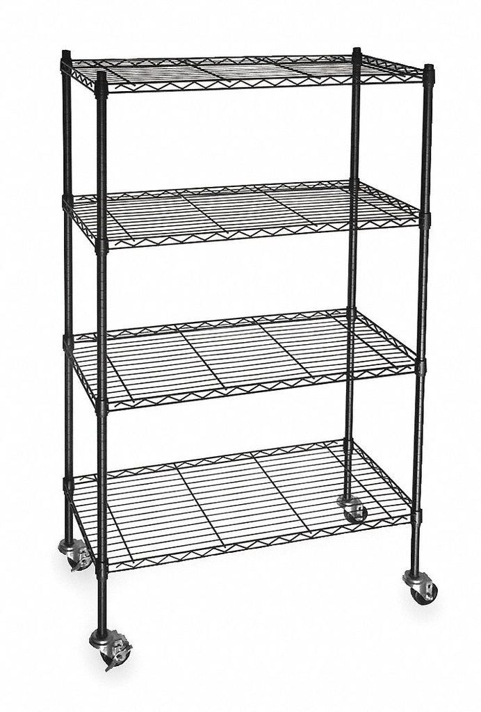 Mobile Wire Shelving Unit, 60"W x 18"D x 67"H, 4 Shelves, Powder Coated Finish, Black