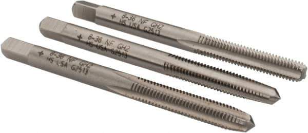 Cleveland - #8-36 UNF, 4 Flute, Bottoming, Plug & Taper, Bright Finish, High Speed Steel Tap Set - Right Hand Cut, 2-1/8" OAL, 0.38" Thread Length - Exact Tool & Supply