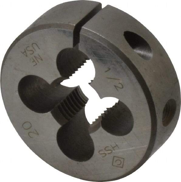 Cle-Line - 1/2-20 UNF Thread, 1-1/2" Outside Diam High Speed Steel Round Die - 1/2" Thick, Right Hand Thread, Adjustable - Exact Tool & Supply