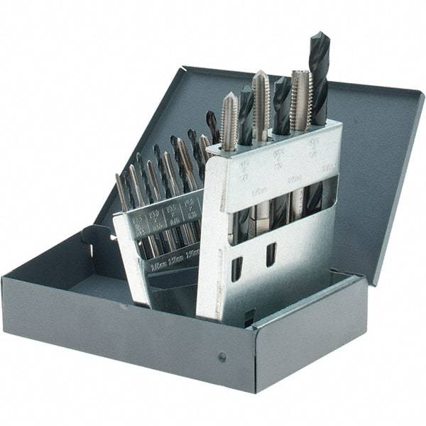 Chicago-Latrobe - 2.05 to 10.2mm Drill, M2.5x0.45 to M12x1.75 Tap, Hand Tap and Drill Set - Oxide Finish High Speed Steel Drills, Bright Finish High Speed Steel Taps, Plug Chamfer, 18 Piece Set, Includes Metal Index Case - Exact Tool & Supply