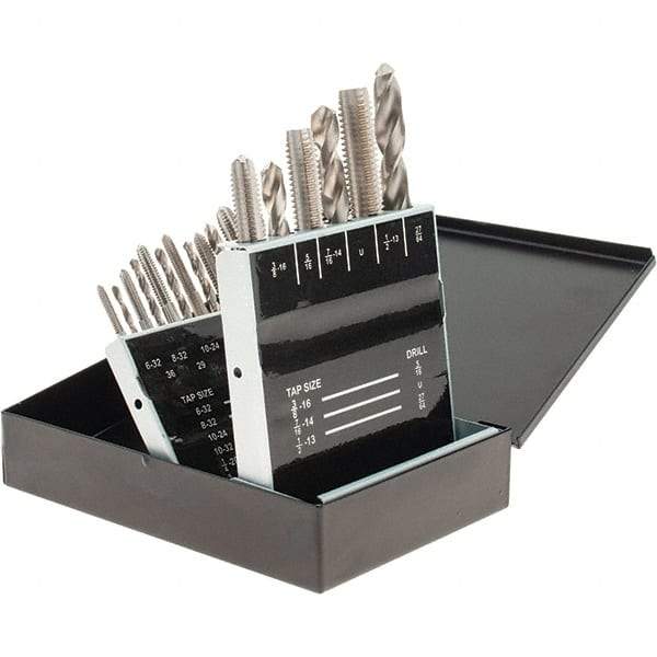 Chicago-Latrobe - F to U Drill, #6-32 to 1/2-13 Tap, Hand Tap and Drill Set - Bright Finish High Speed Steel Drills, Bright Finish High Speed Steel Taps, Plug Chamfer, 18 Piece Set, Includes Metal Index Case - Exact Tool & Supply